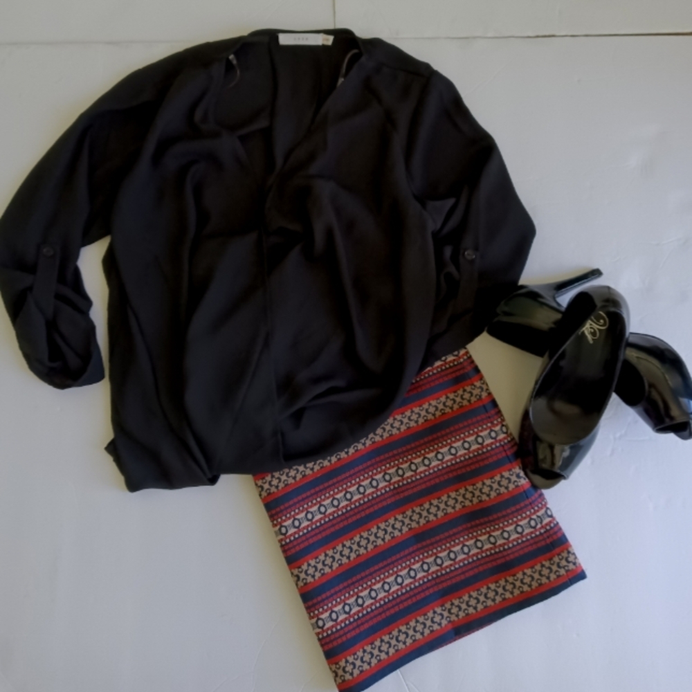 NWOT Loft Blue, Orange Career Embroidered Tribal stripe skirt